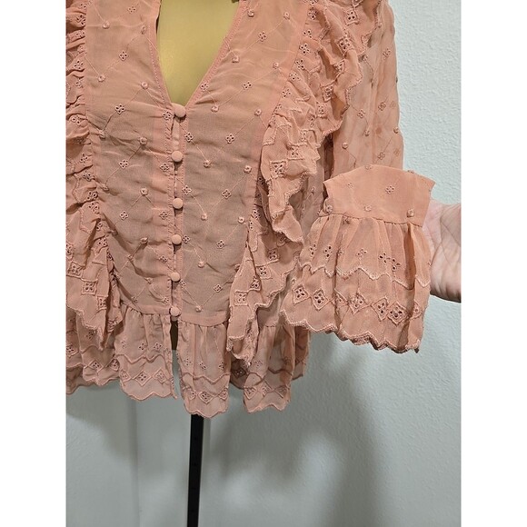 Romantic Sheer Ruffle Blouse Womens Sz S Mauve Eyelet Swiss Dot Victorian Dainty - Picture 3 of 7